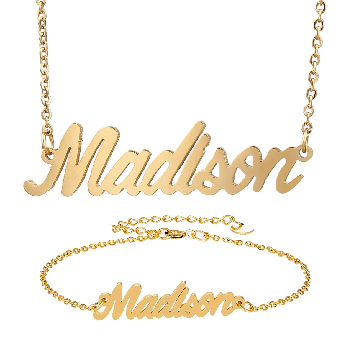 

Madison Charm Name Necklace and Bracelet Jewelry Set Stainless Steel Letter Choker Pendant Nameplate for Girl Party Gift