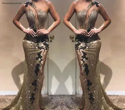 Sexy Mermaid One Shoulder Evening Dresses 2020 New Arrival Latest Split Sequined Holiday Wear Formal Party Prom Gowns Plus Size