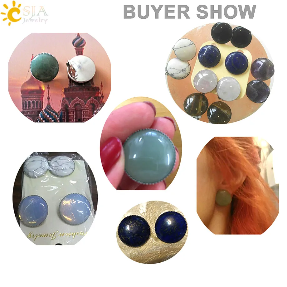 CSJA Wholesale Women Girl Summer Jewelry Round Natural Stone Bead Clip on Earrings for No Pierced Hole Ears E167