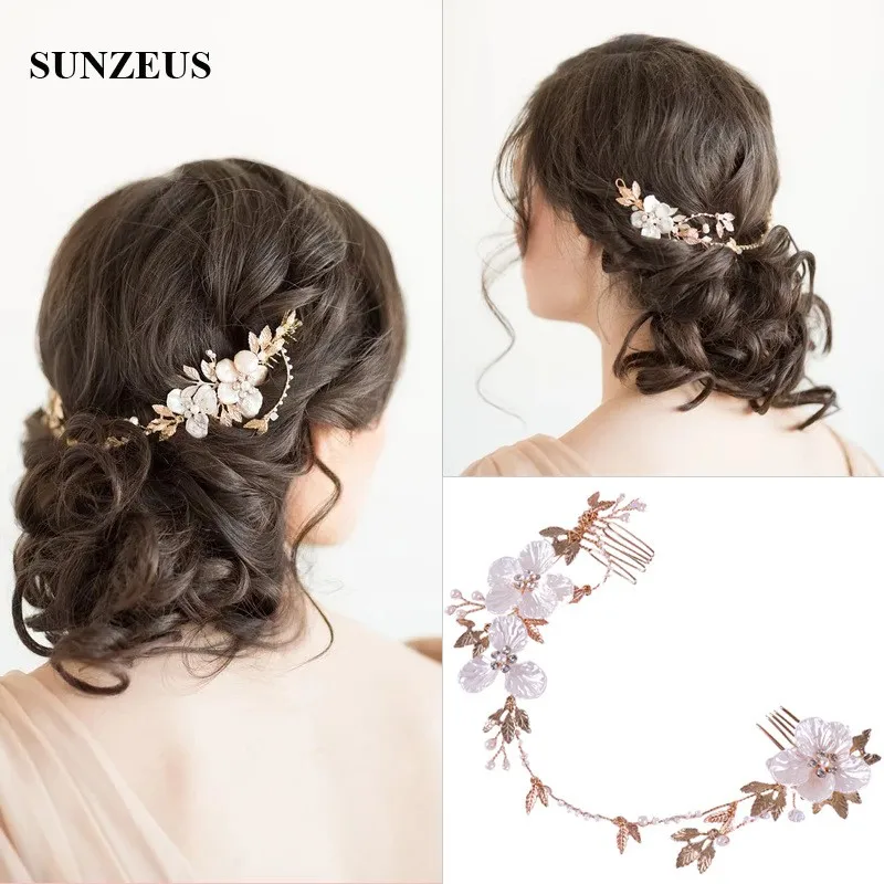 Handgemachte Blumen Braut Accessoire mit Doppel kämmen Perlen Stirnband Hochzeit Gold Farb kette für Haare sq311