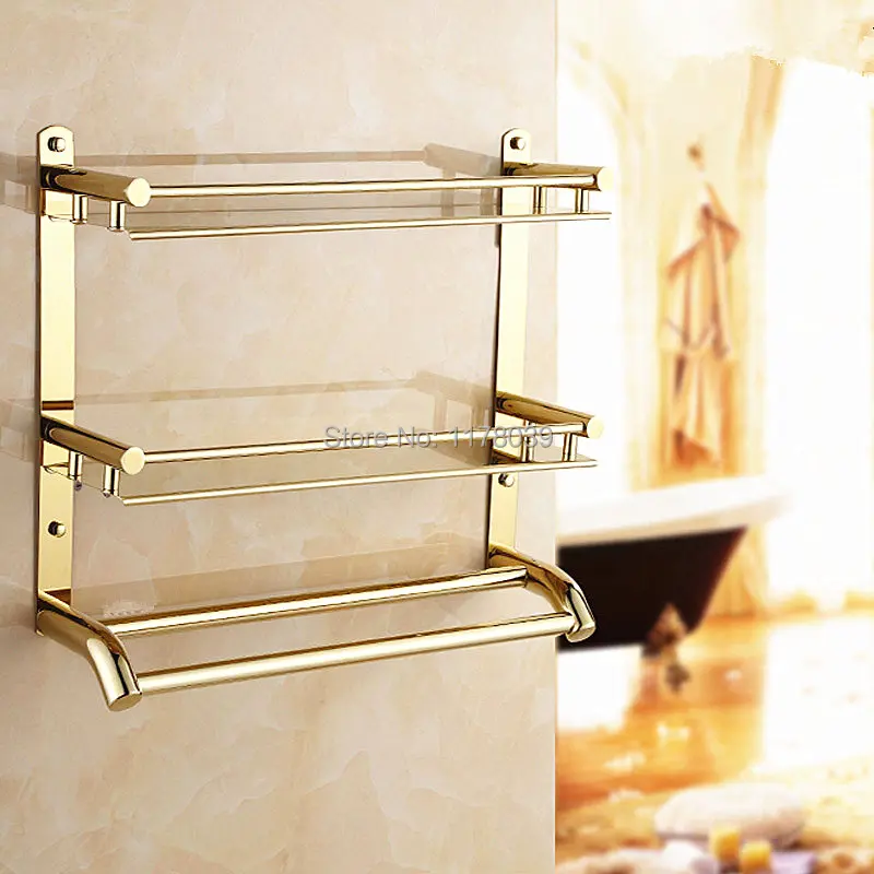 stainless steel towel rack hardware,towel rack with shelf and hooks,Europe style Multifunction Gilded Bathroom Shelves,J16373