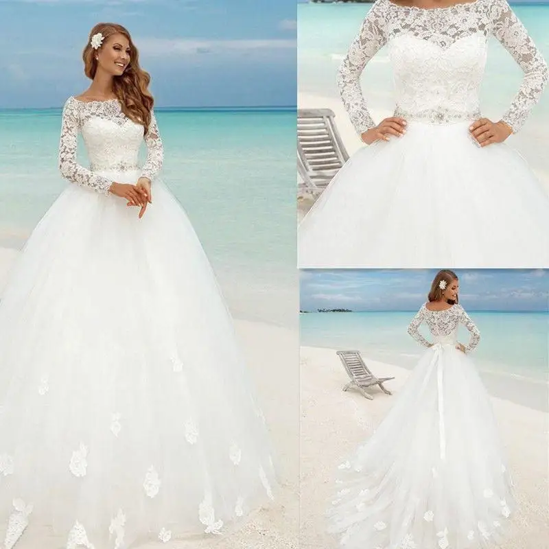 Lindo manga cheia vestidos de casamento praia longo barco pescoço vestido de baile capela trem tule rendas vestidos de noiva robe de mariage