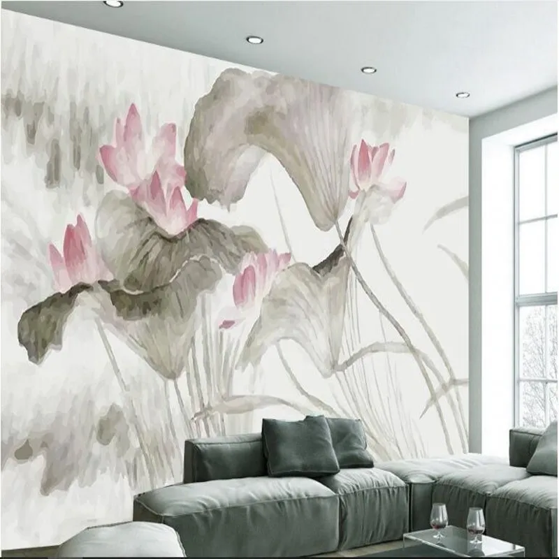 

wellyu Custom large frescoes atmospheric simple minimalist painting Chinese painting lotus Chinese TV background wallpaper