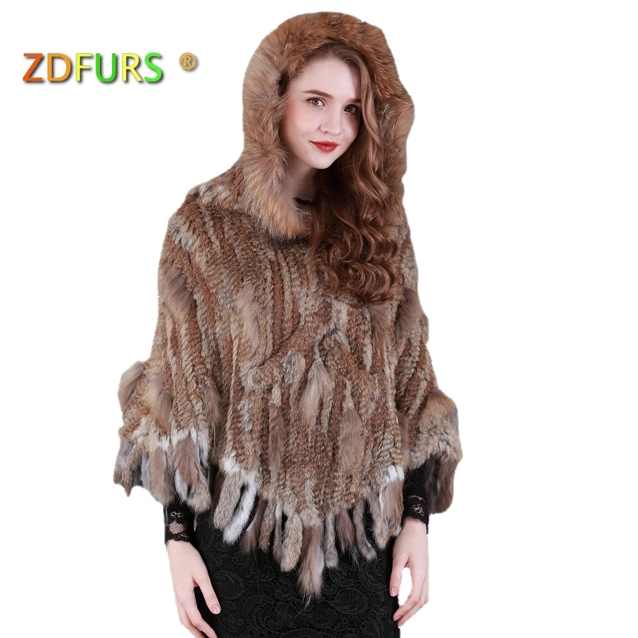 

ZDFURS *real Rabbit fur knited Poncho LargeGenuine Fur poncho Hooded with pocket raccoon fur trimming Women Large Cape Shawl