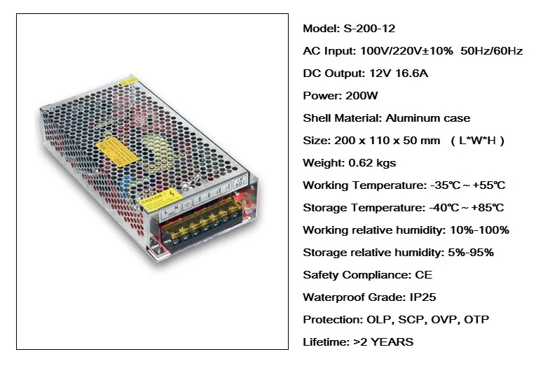 5pcs/lot High Quality AC110/220V to DC 12V 16.6A 200W Switching Power Supply Driver for LED Strip Transformer