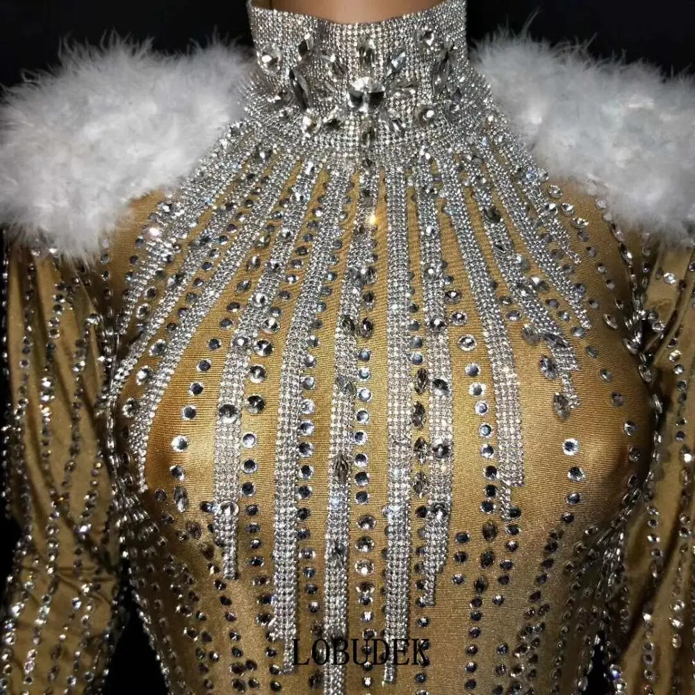 Luxury Rhinestones Chains Plush Sleeve Jumpsuit for Women Birthday Evening Party Celebrate Outfit Singer Stage Costume