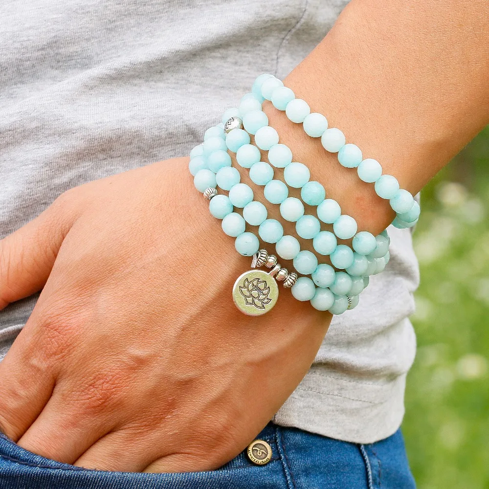 8mm Faced Natural Blue Chalcedony 108 Mala Beads Bracelet Buddhist Om Charm Bracelet For Women Handmade Men Bangle Jewelry Gift