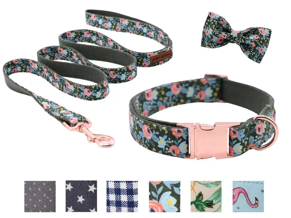 Unique Style Paws Dog Collars Flower Print with Sturdy Cotton Tape Collar for Pets