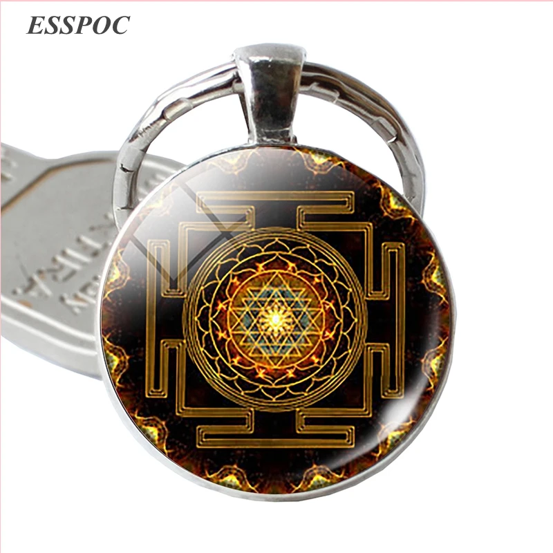 Fashion Sri Yantra Mandala Pattern Glass Jewelry Dome Keychain Buddhist Pendant Key Chain Handmade Women Indian Gift