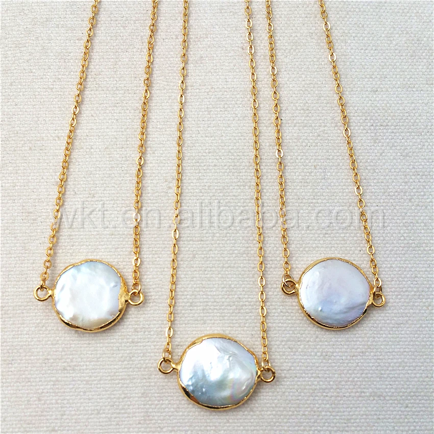 

WT-N821 Wholesale Natural freshwater pearl coin necklace, handmake lovely real pearl necklace 24k gold color double loops charm