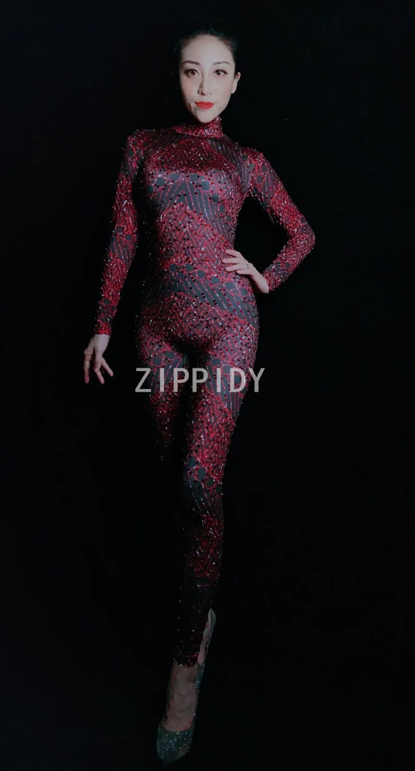 Full Red Rhinestones Spandex Bling Jumpsuit Women's Birthday Party Celebrate Outfit Bar Female Singer Bodysuit Evening Clothes