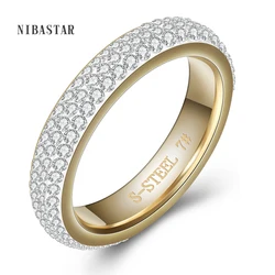 Three Row Clear Crystal Gold Color Stainless Steel Wedding Rings For Women Fashion Jewelry Accessories Ring With Full Size