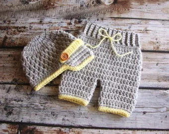 

0-3month Newborn Photo Prop - handmade crochet baby Gray newsboy Hat & Pants baby sets NB-3MONTH