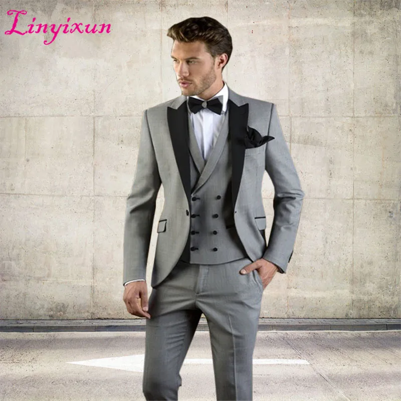 

Grey Slim Fit Men Suits Black Lapel Groom Tuxedos 3 Pieces Formal Business Male Blazer Sets Jacket Pants Vest Terno Masculino