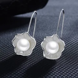 Temperamento nuevo estilo étnico de moda 925 Plata de Ley plateado loto original femenino perla fresca flor cuelga pendientes SE307