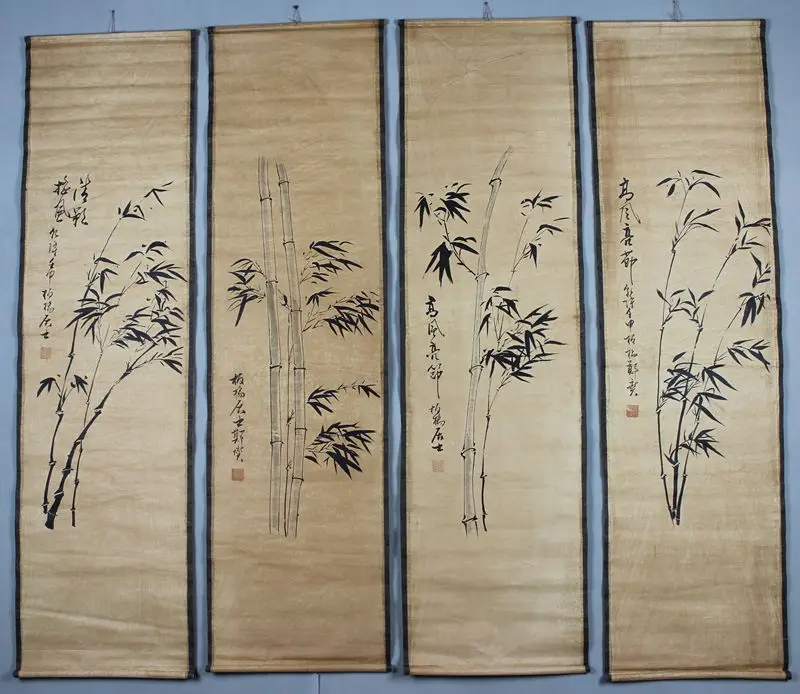 Exquisite Chinese archaize four screen bamboo Calligraphy and painting