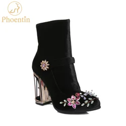 Phoentin black rhinestone flower women boots for wedding retro ladies ankle boots bird cage high heels zipper velvet shoes FT466