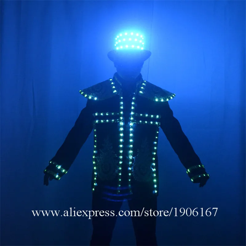 RGB LED Luminous Stage Perform Clothes Hat Illuminated Glowing Robot Dance Light Costumes Men Led Lighting Up Nightclub DJ Suit