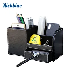 Multi-Functional Desk Organizer Stationery Holder Wooden Drawer Storage Boxes PU Leather Pen Holder Pencil Box Case Containers