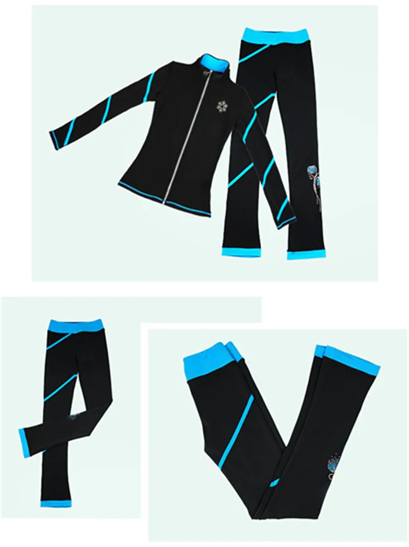 Customized Figure Skating Suits Jacket and Pants Long Trousers for Girl Women Training Patinaje Ice Skating Warm blue pink