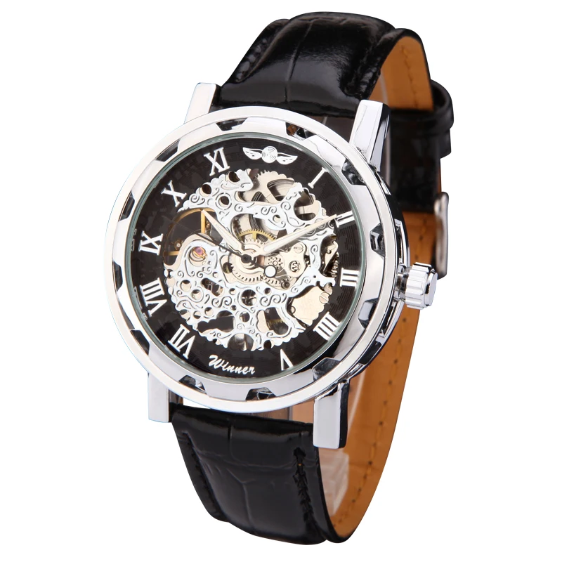 New Winner Hot mechanical Brand men hand wind Skeleton watches male Dress fashion clock style black gold blue color leather band