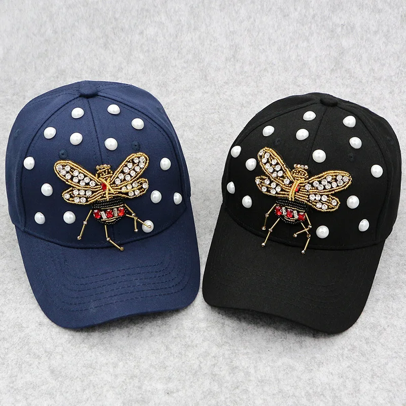 GZHILOVINGL Summer Cool Rhinestone Bees Baseball Cap Snapback Hiphop Caps Women Black Hat Pearls Washed Cotton Adjustable Sports