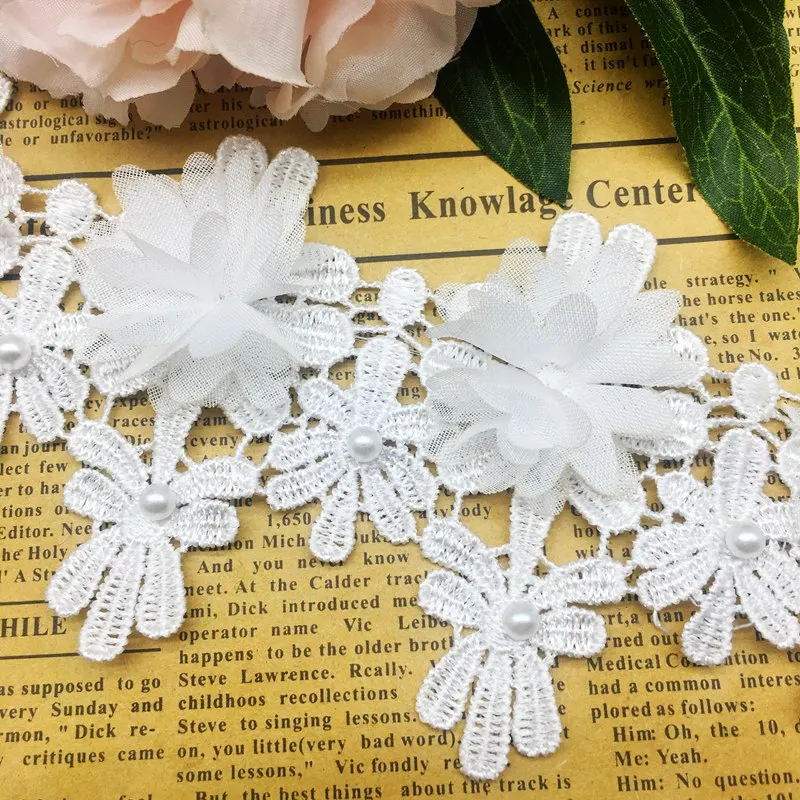 

20X Pearl Beaded Flowers Lace Trim Chiffon Cluster Tassel Wedding Dress French Fabric Patches Trimming Applique DIY Sewing Craft