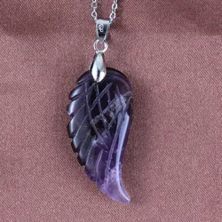 KFT Natural Stones 35mm Carve Angel Wing Pendants Rock Crystal Opalite Fluorite Lapis Lazuli Rhodonite Pendant Women Men Jewelry