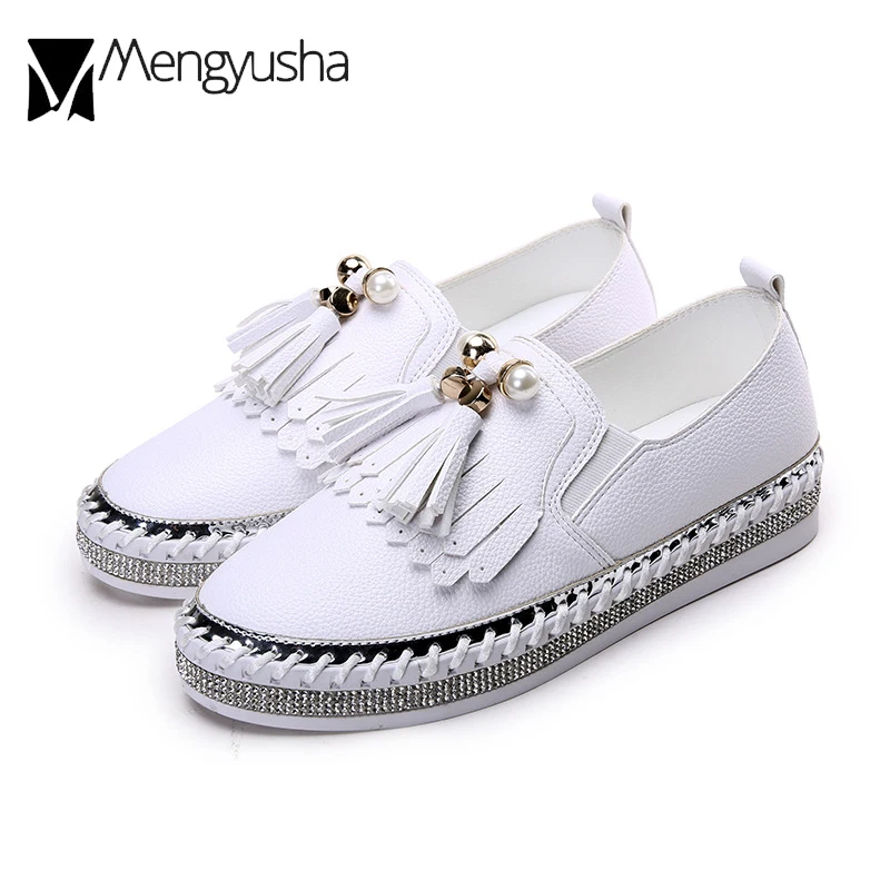 Fringe Leather White Espadrilles Women Oxford Shoes Pearl Tassel Flats Ladies Loafers Glitter Crystal Shoes White Moccasins