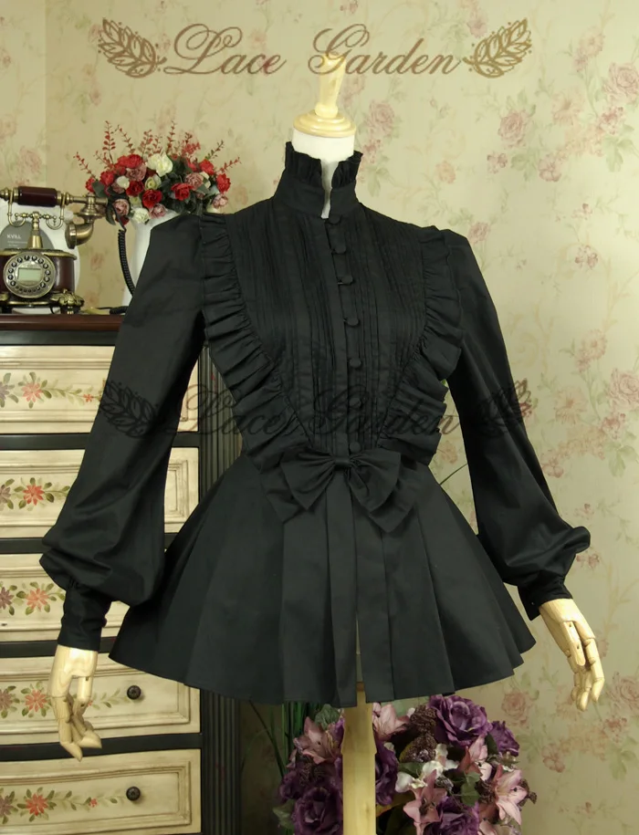 Lace Garden Branded Vintage Cascading Ruffles Women\'s Lantern Sleeve Black Lolita Blouse with Bow