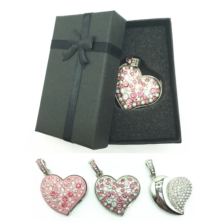 

Diamond Crystal Heart 8GB 16GB 32GB 64GB Jewelry Metal USB Flash Memory Drive U Disk Necklace With a Nice Gift Box