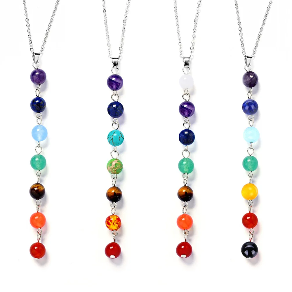 DIEZI Vintage Fashion Silver Plated Bead 7 Chakra Healing Balance Necklace Party Ethnic Pendant Necklace for Women Jewelry