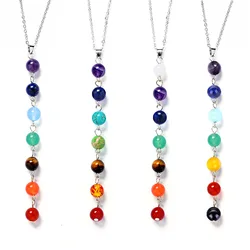 DIEZI Vintage Fashion Silver Plated Bead 7 Chakra Healing Balance Necklace Party Ethnic Pendant Necklace for Women Jewelry