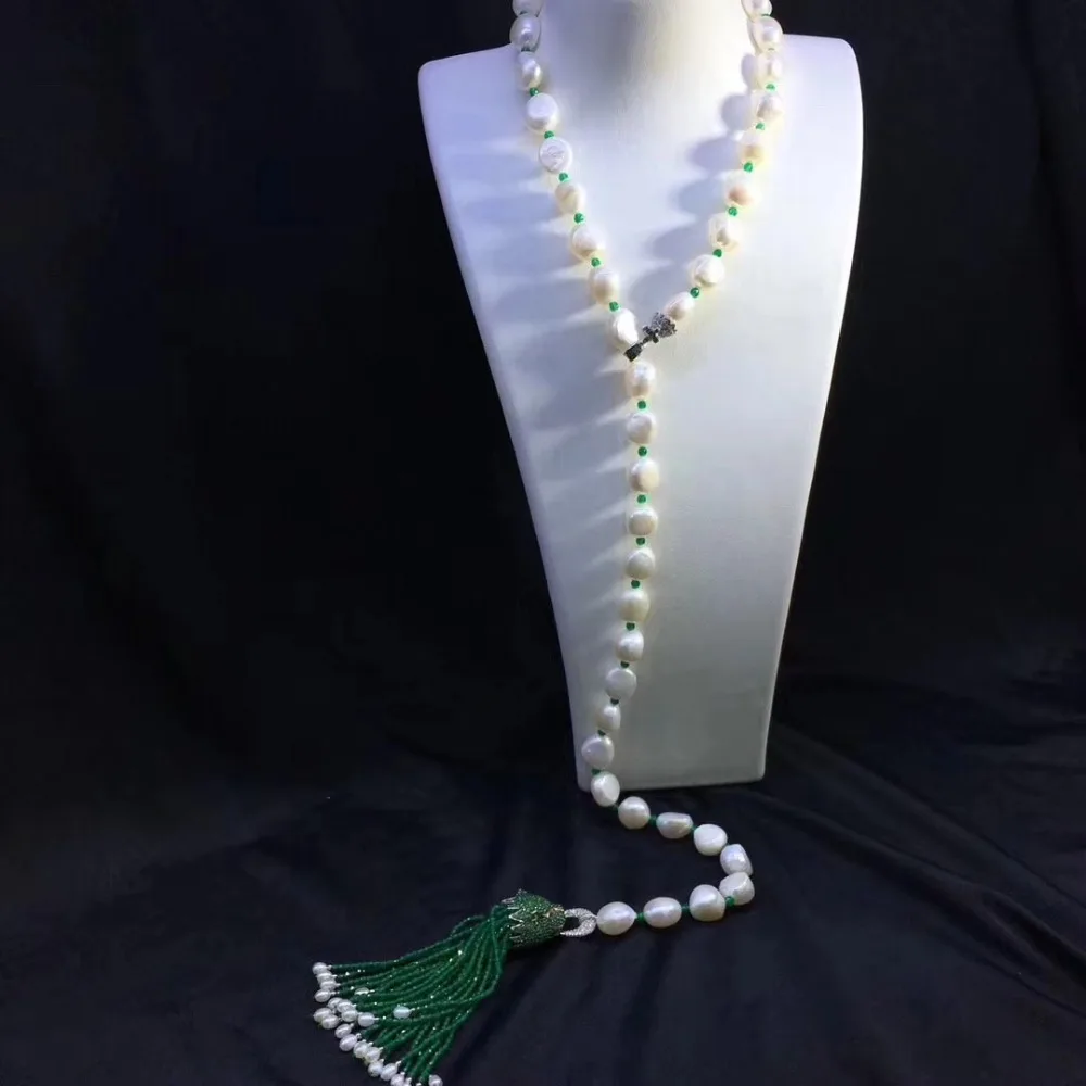 10-11MM natural fresh water pearl necklace with green tassels leopard long necklace 80CM  fashion women jewelry copper zircon