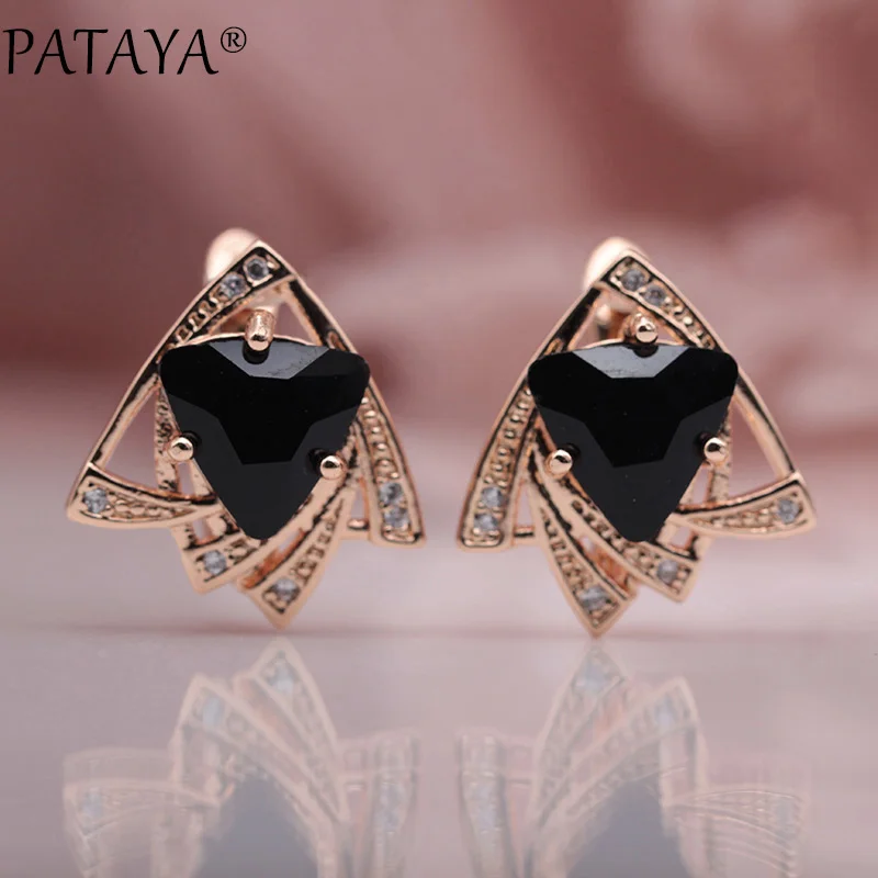 PATAYA New Arrivals 585 Rose Gold Color Triangular Cubic Zirconia Dangle Earrings Women Wedding Party Earring Fine Cute Jewelry