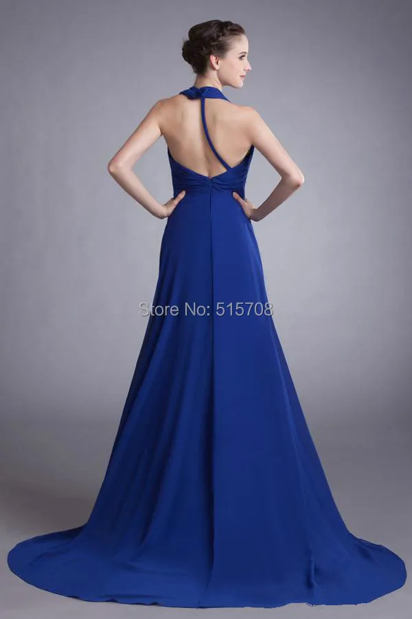 Eenvoudige Blauw Een Lijn Avondjurken Sexy Diepe V-hals Backless Sweep Trein Chiffon Formele Lange Prom Dresses Party Jurken 2015