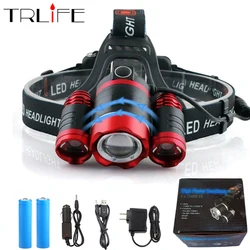 Super Bright LED Headlight 3*T6 Zoom LED Headlamp Flashlight Torch Head Lights Lamp+2*18650 Battery+AC/Car/USB Charger