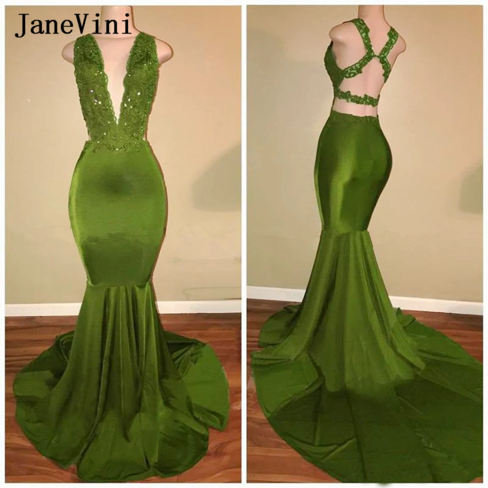 JaneVini Sexy Phi Nàng Tiên Cá Dài Váy Đầm Dạ Cổ V Sâu Không Tay Appliques Hạt Hở Lưng Satin Đầm Áo Dây Soiree Femme