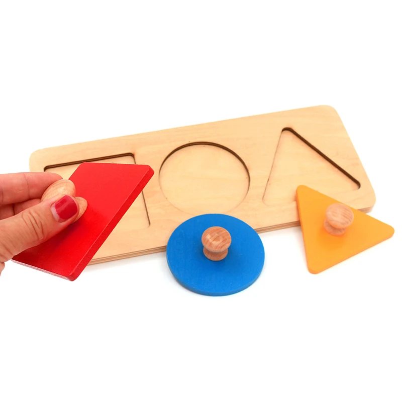 Dental House Baby Montessori Materials Wooden Toys Math Toys Geometry Shape Insets 3 Sets Red Blue Yellow Triangle Square Knobs