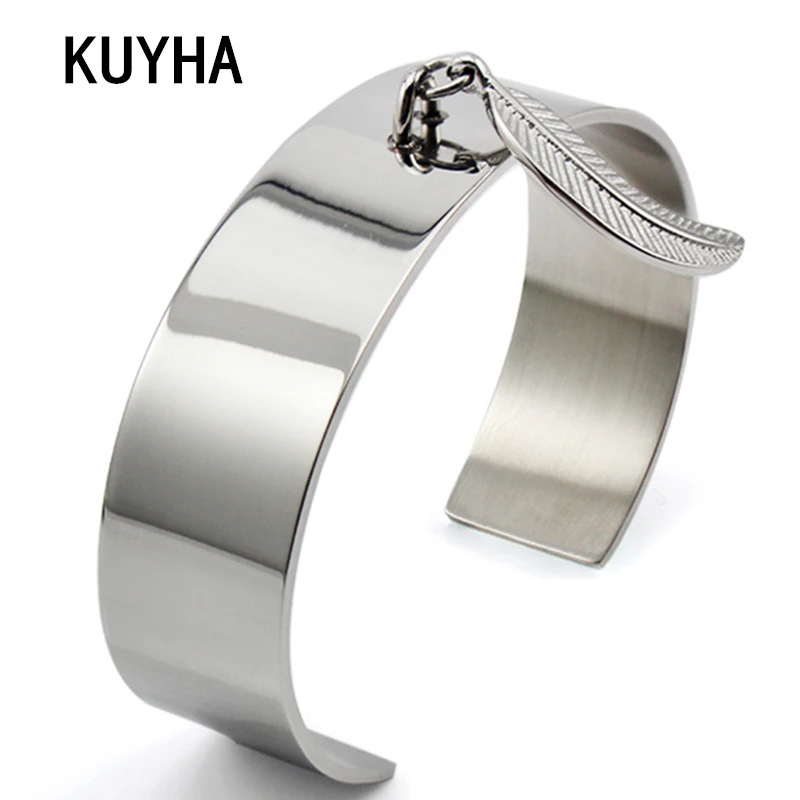 

Fashion Open Cuff Bracelet Trendy Bangle With Leaf Pendant Engravable Laser Name Femme Jewelry Christmas Present For Women