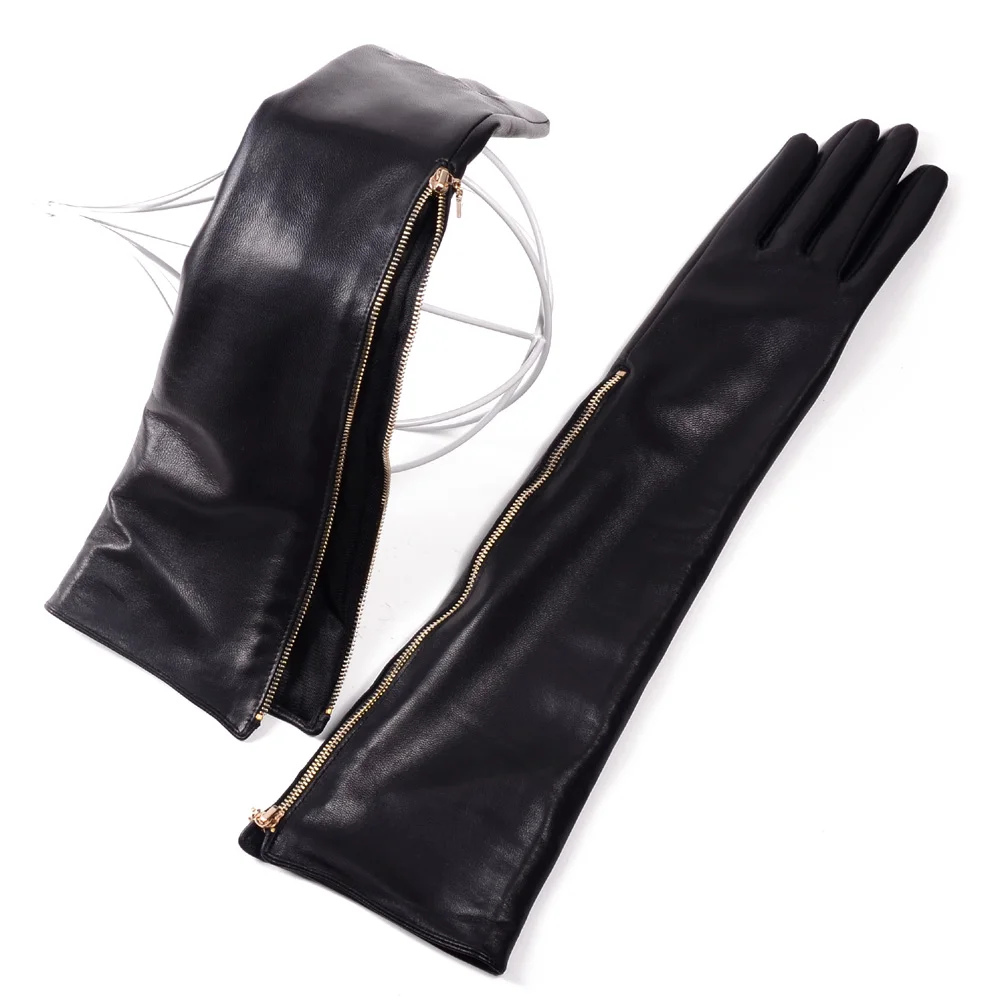 Novelty Female Winter Genuine Leather Side Golden Zipper 45CM Long Gloves For Women Mujer Evening Party Black Sleeve Thin Luvas