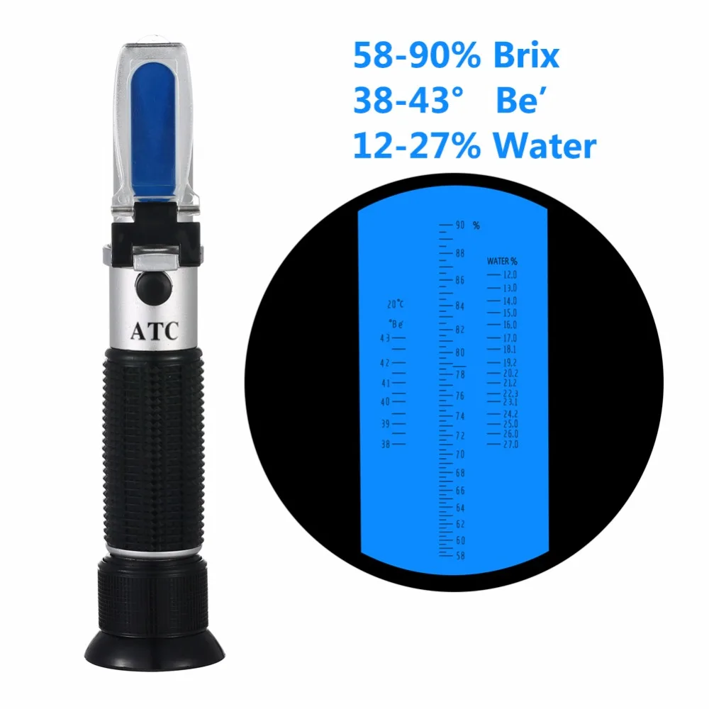 

Portable Honey Refractometer Beekeeping Tester Bees 58-90% Brix / 38-43 Be' (Baume) / 12-27% Water Range Tri-scale Measurement