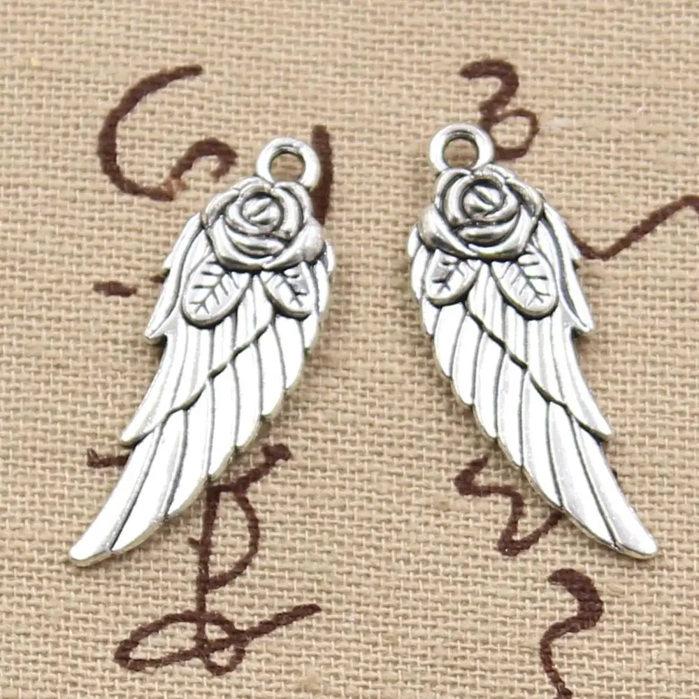 12pcs Charms Angel Wings Flower 30x12mm Antique Bronze Silver Color Pendants Making DIY Handmade Tibetan Bronze Jewelry