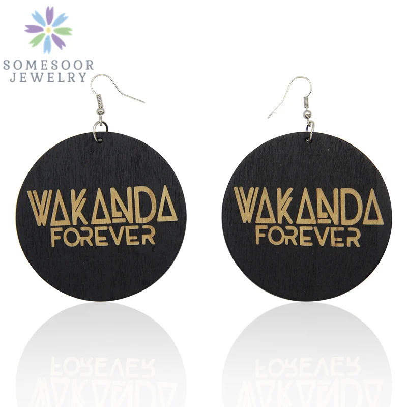 Somesoor Gesneden Afrikaanse Hout Oorbellen Voor Vrouwen Gegraveerde Wakanda Forever Afro Zwarte Etnische Foto 'S Hiphop Sieraden Geschenken