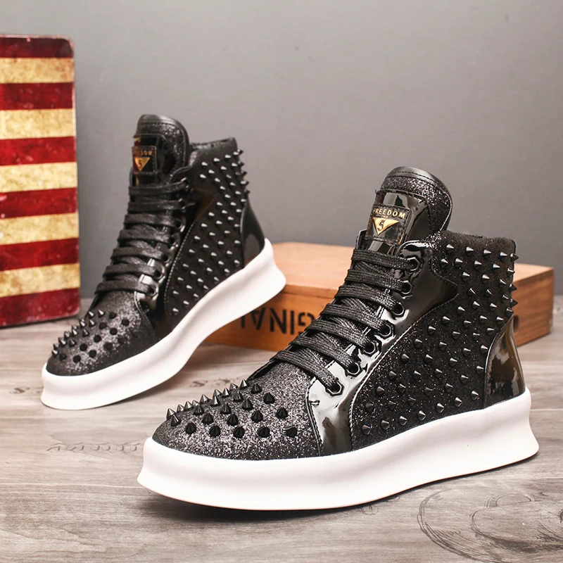 Fashion Casual Shoes Mens Solid Rivets High Top Sneakers Bottom Flats Fashion Ankle Lace-Up Shoes Ankle Boots Zapatillas Hombre