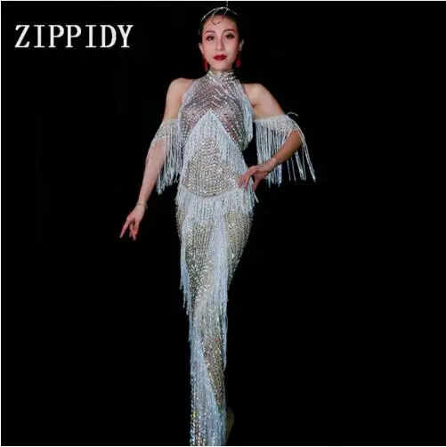 Fashion Full Crystals Silver Fringes Party Dress Lady Evening Party Sexy Long Prom Birthday Celebrate Shining Stones Dresses