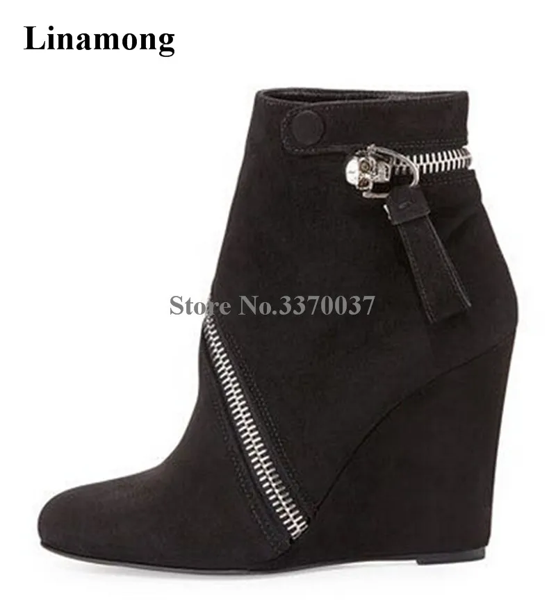 

Women Fashion Round Toe Suede Leather Zipper Design Wedge Short Boots Black Blue Height Increasing Ankle Booties Causal Shoes