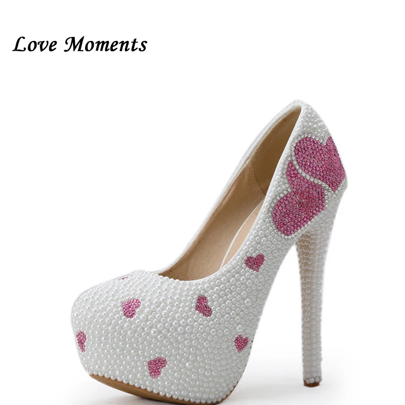 Love Moments NEW white pearl wedding shoes waterproof bride round toe wedding shoe dress shoes big size High Heels shoe Woman