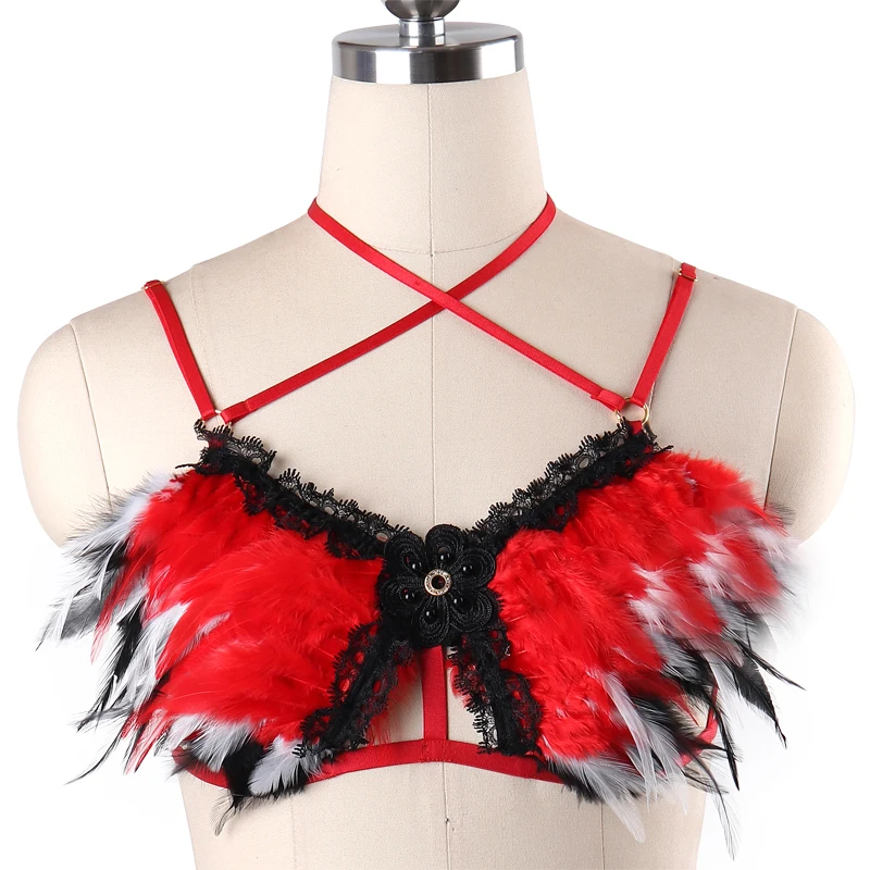 

Womens Gothic Feathers Harness Elastic Red Crop Top Cage Bondage Harness Sexy Body Harness Rave Fetish Wear Bondage Dress