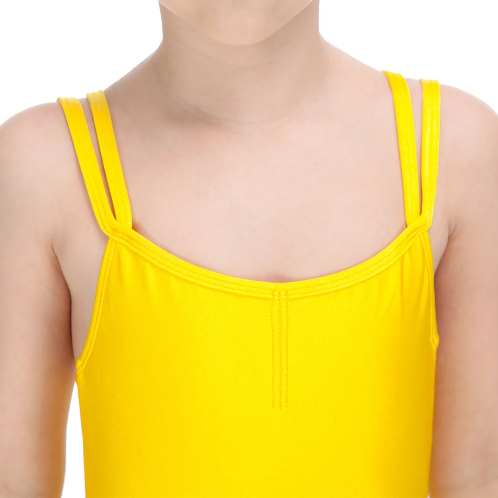 Camisola de Nylon Lycra Correias Duplas para Meninas, Collants Ballet para Crianças, Dança Amarelo Leotards Ginástica, Tamanhos Completos